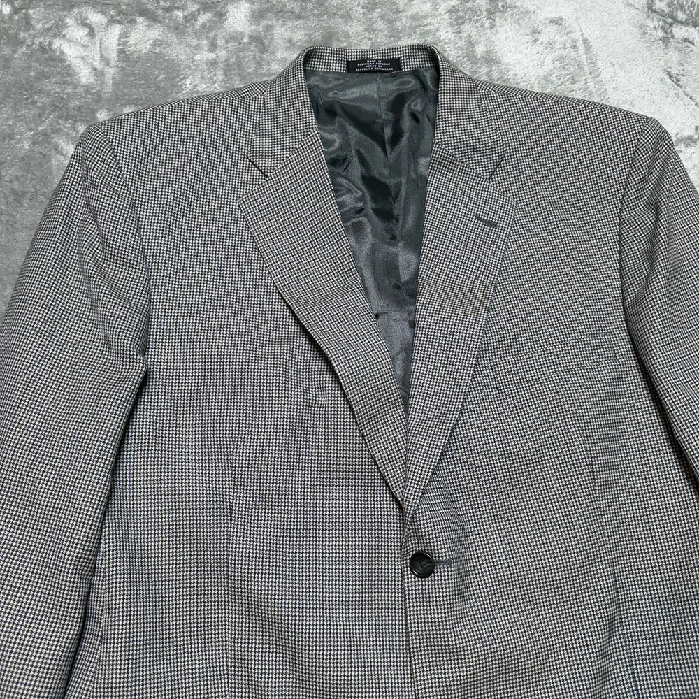 Stafford 46L Houndstooth Sport Coat 100%‎ Pure New Wool Gray Blue Blazer 46 Long